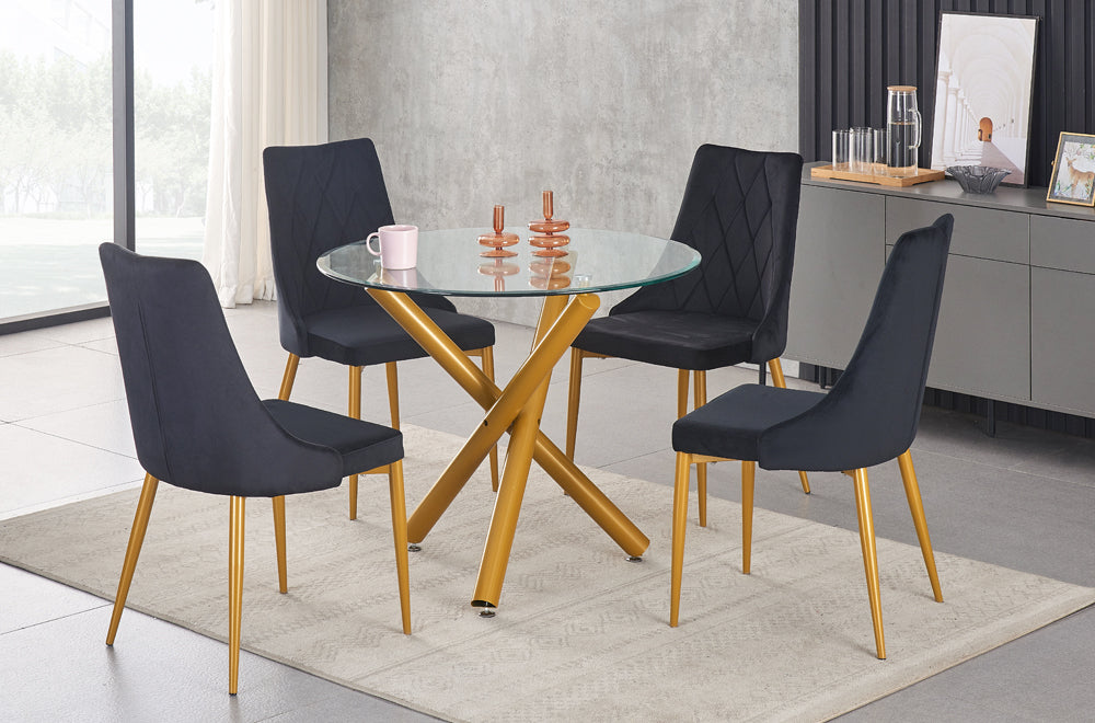 Round glass dining table set with black velvet chairs