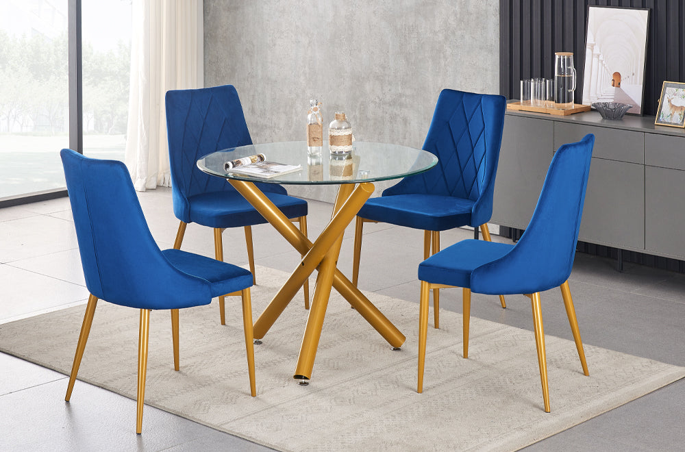 Round glass dining table set with blue velvet chairs