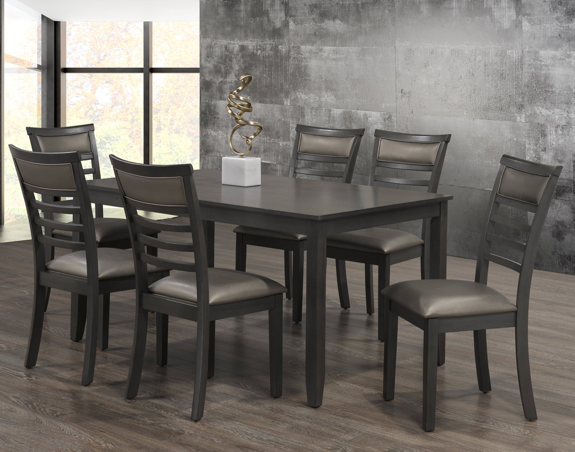 Modern grey 7-piece dining set with ladder-back chairs and upholstered seats