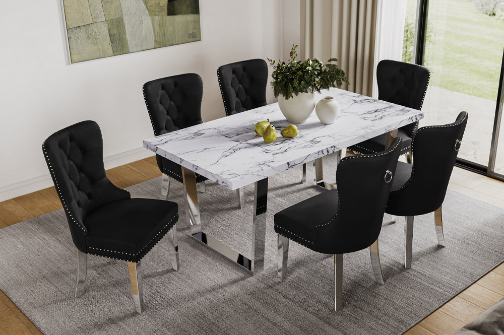 7-piece dining set with concrete-look table and black velvet chairs