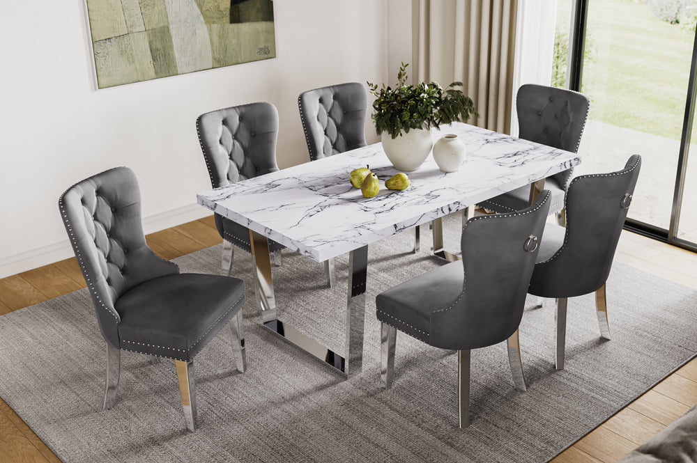 7-piece dining set with concrete-look table and grey velvet chairs