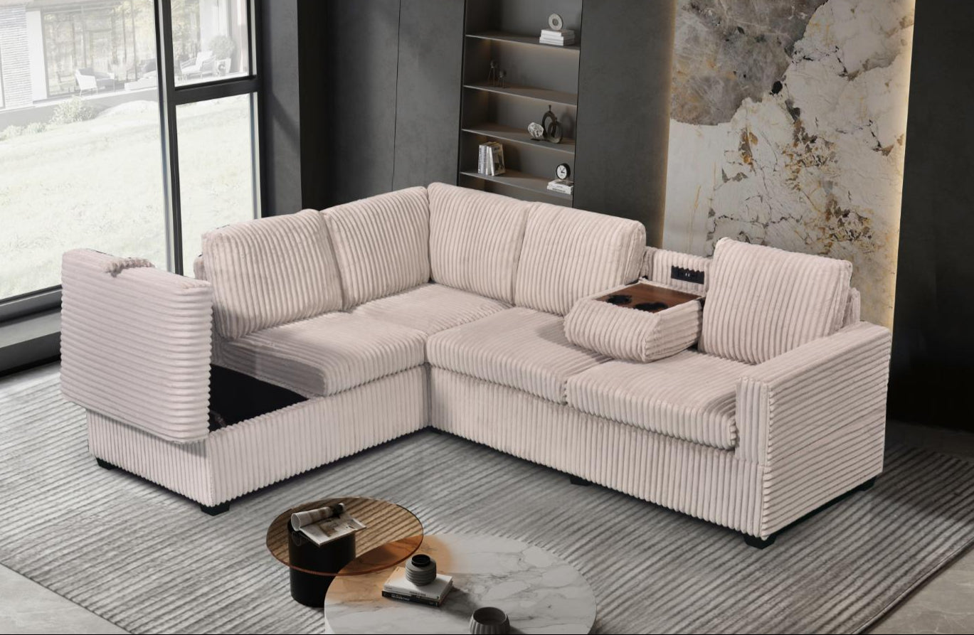 Beige velvet sectional with chaise, USB console, and hidden storage