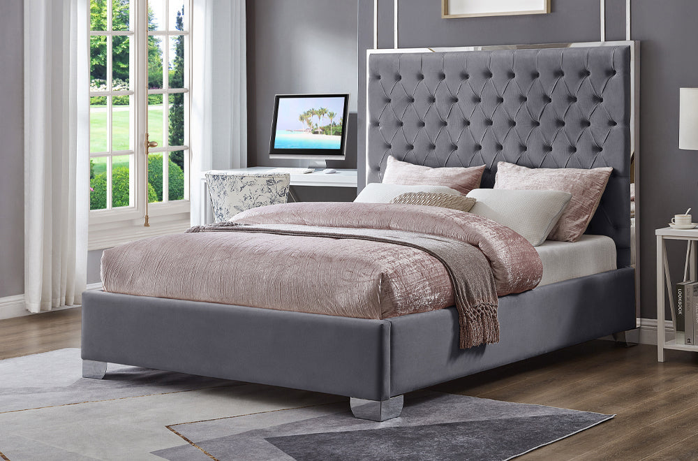King velvet platform bed with grey tufted headboard