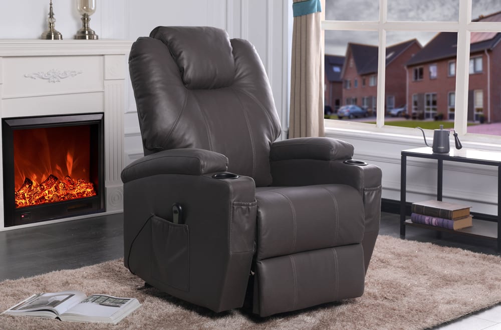Power reclining lift chair in soft chocolate air leather with cup holders and lift function