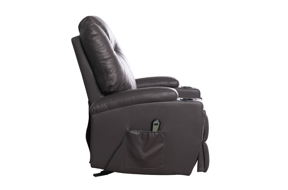 Power reclining lift chair in soft chocolate air leather with cup holders and lift function