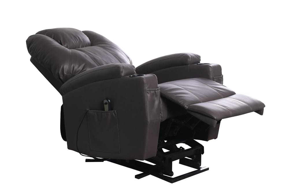Power reclining lift chair in soft chocolate air leather with cup holders and lift function