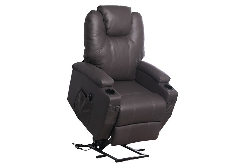 Power reclining lift chair in soft chocolate air leather with cup holders and lift function