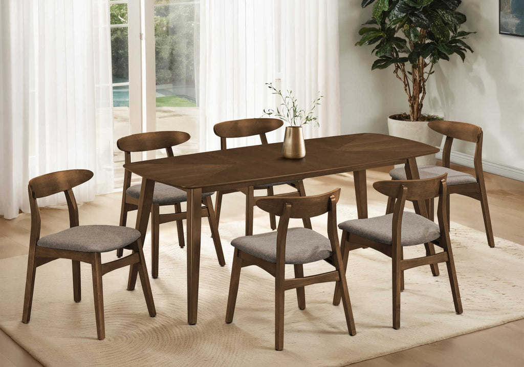 Mid-century walnut dining table with six chairs, new design, 72-inch rectangular top.