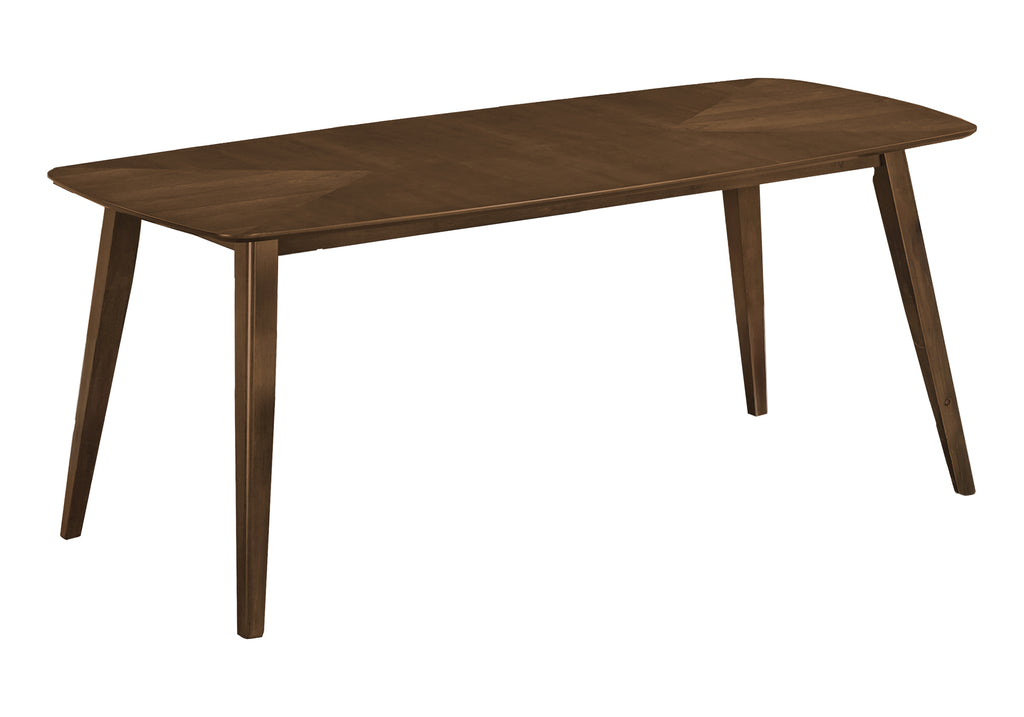 Mid-century walnut dining table with six chairs, new design, 72-inch rectangular top.