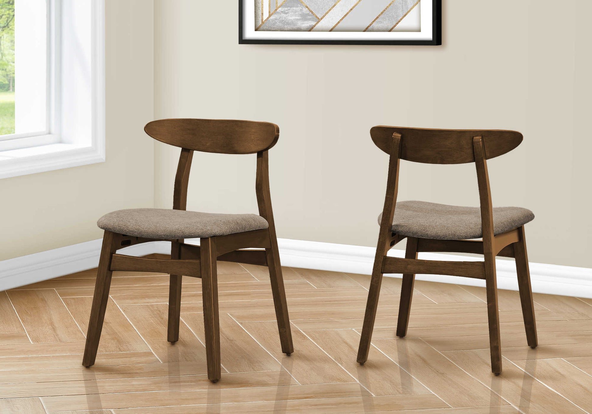 Set of 2 mid-century walnut dining chairs with beige upholstered seats.