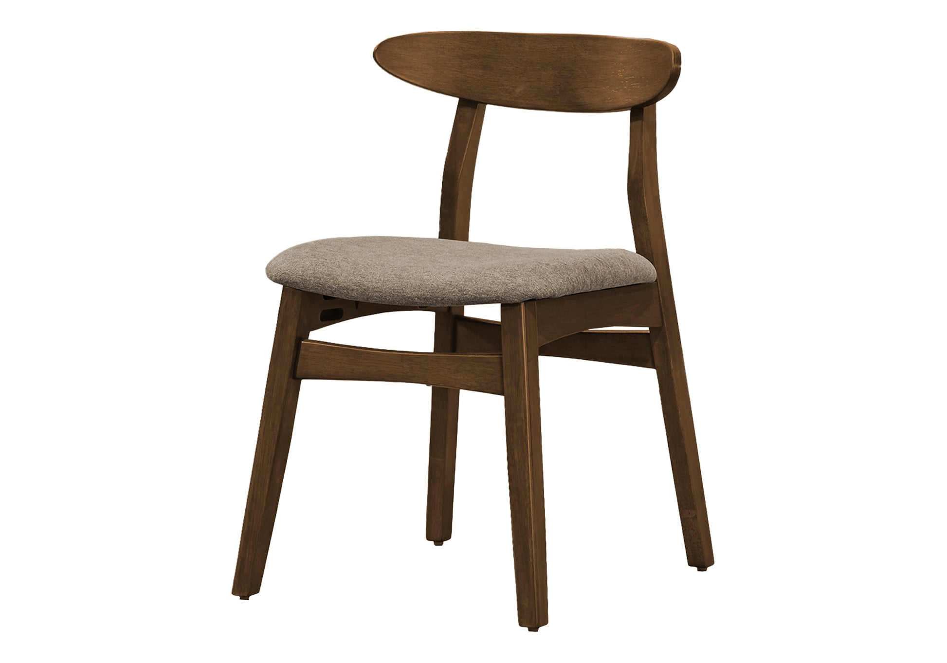 Set of 2 mid-century walnut dining chairs with beige upholstered seats.
