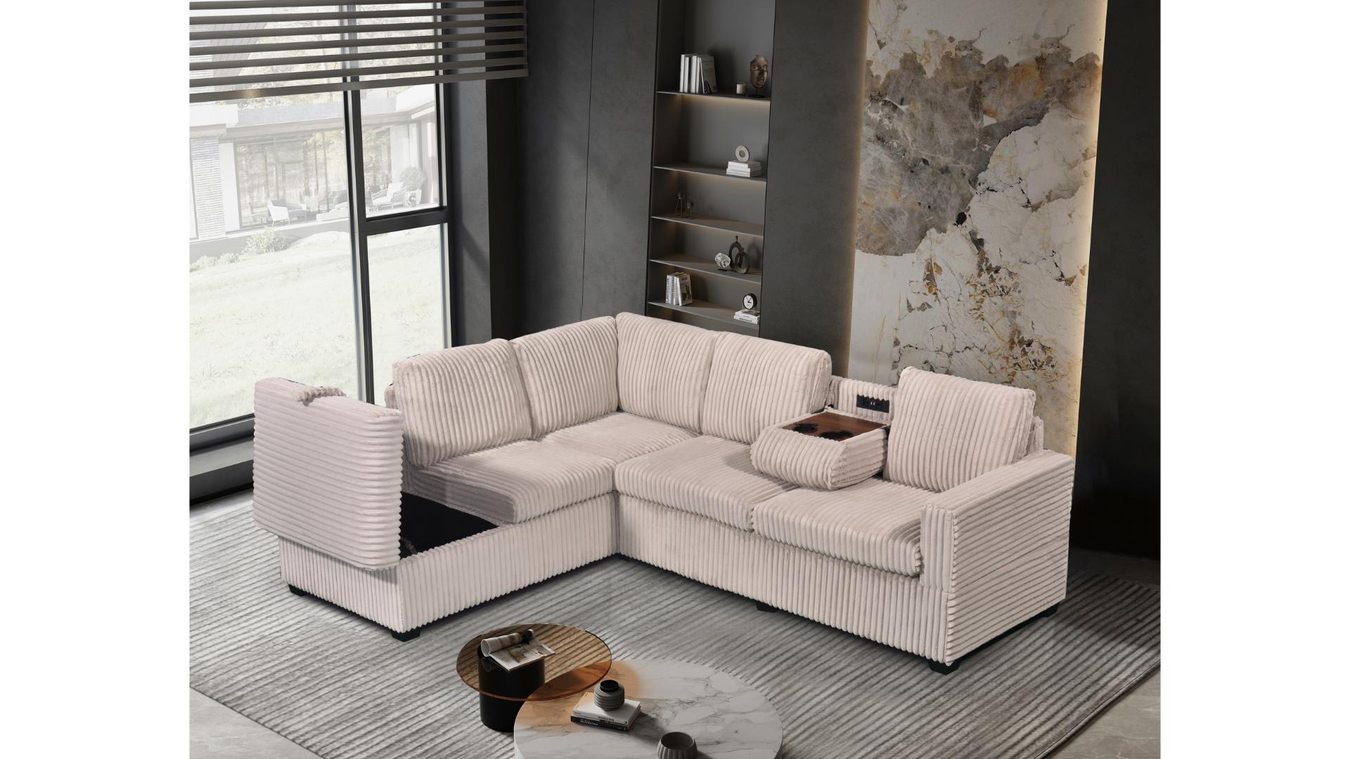 Canapé d'angle en velours beige avec méridienne, console USB et rangement