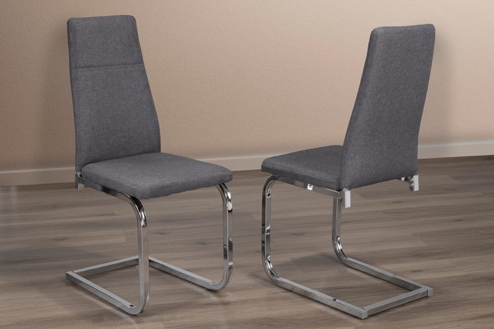 Set of 2 grey linen dining chairs with chrome wrap-around legs