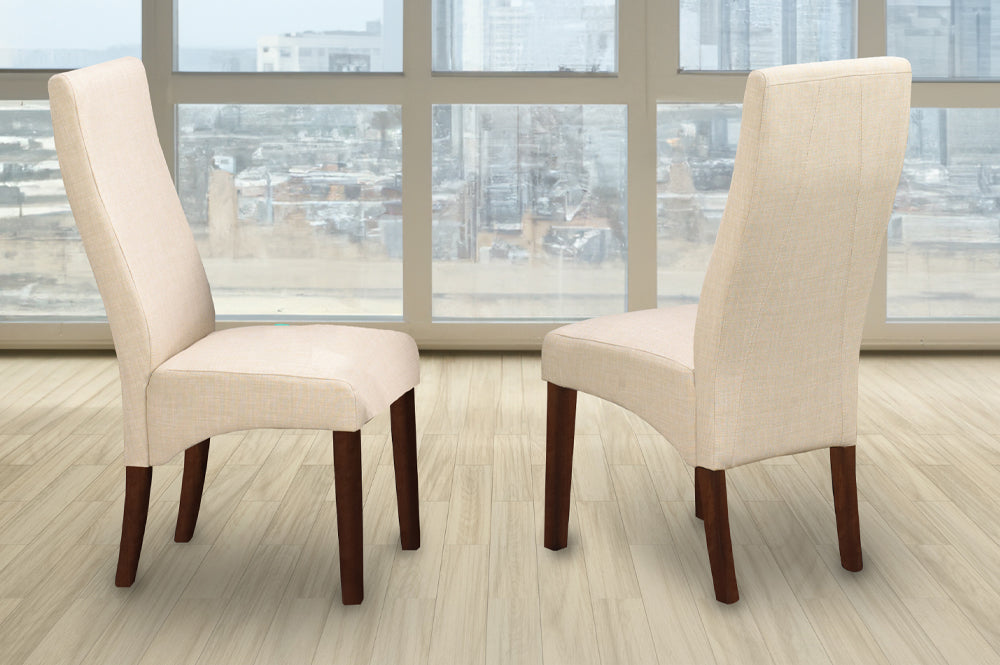 Beige linen dining chair with walnut finish wood legs