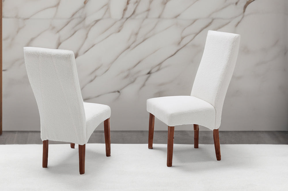 White boucle dining chair with walnut finish wood legs