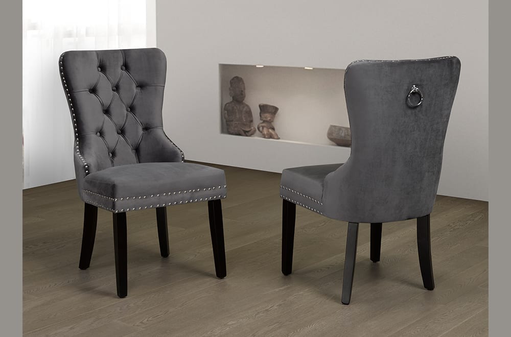 Velvet dining chair with button tufting, nail-head trim, and chrome knocker – Grey