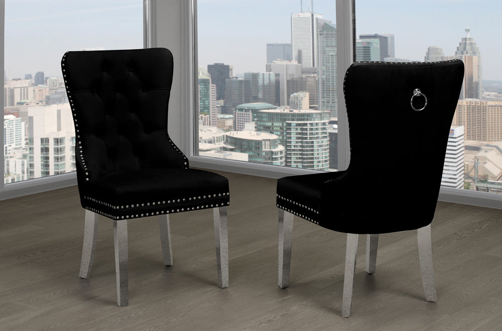 Sillas de comedor tapizadas de terciopelo con patas cromadas (juego de 2) en negro, blanco y gris. 
