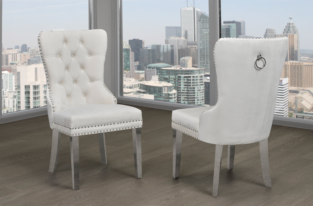 Sillas de comedor tapizadas de terciopelo con patas cromadas (juego de 2) en negro, blanco y gris. 