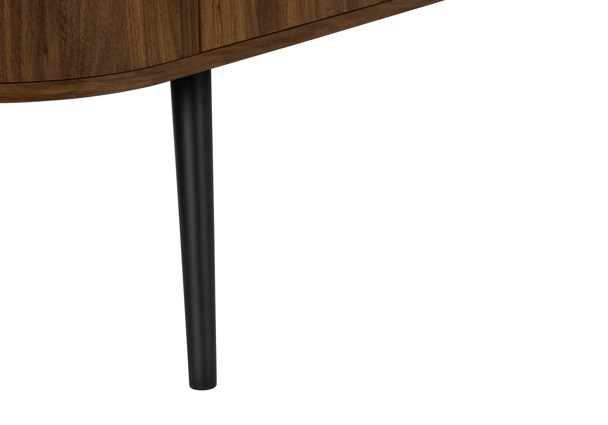 72-inch black and walnut TV stand with 4 doors and mid-century modern design.