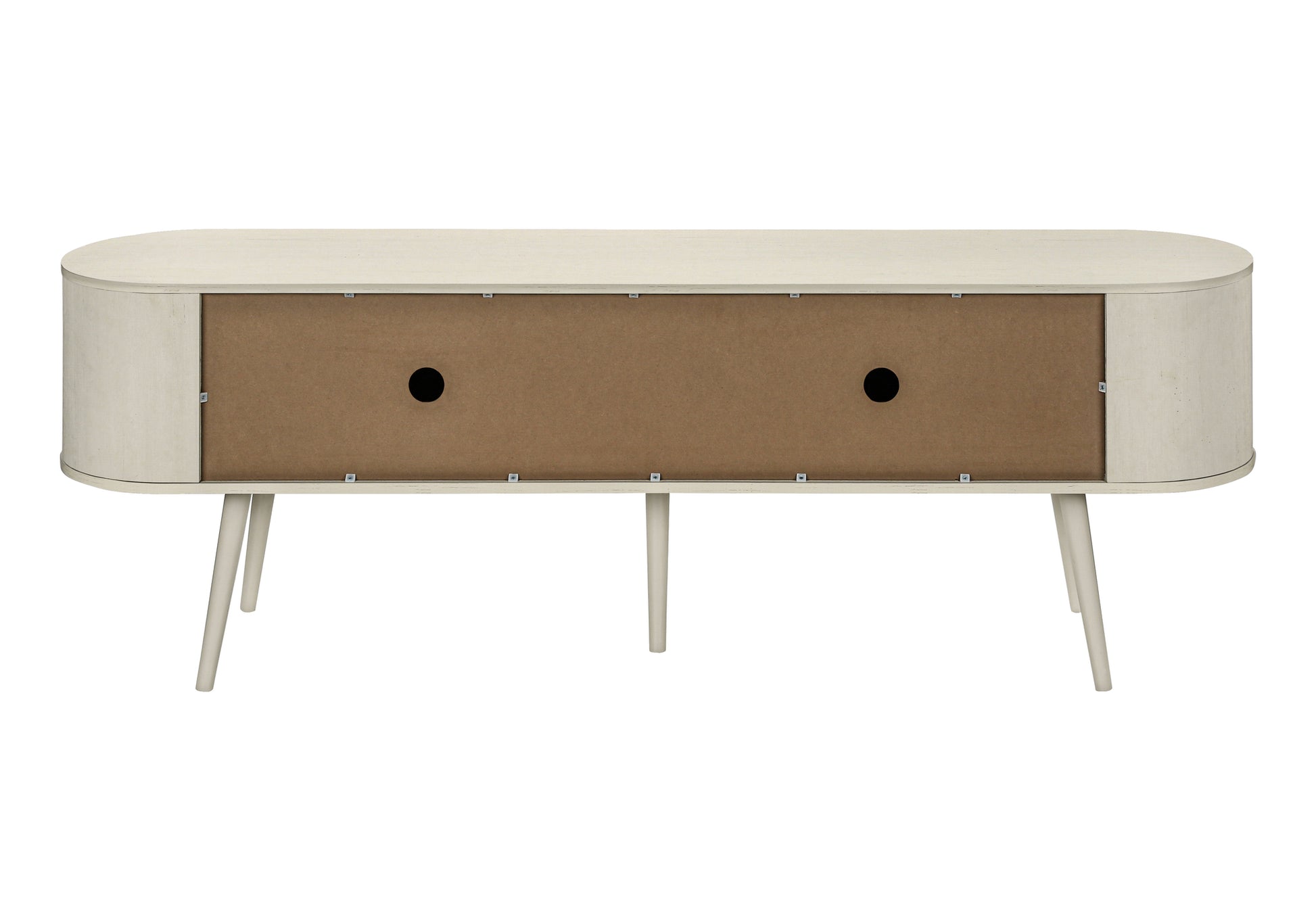 72-inch antique white TV stand with 4 doors and mid-century modern design.