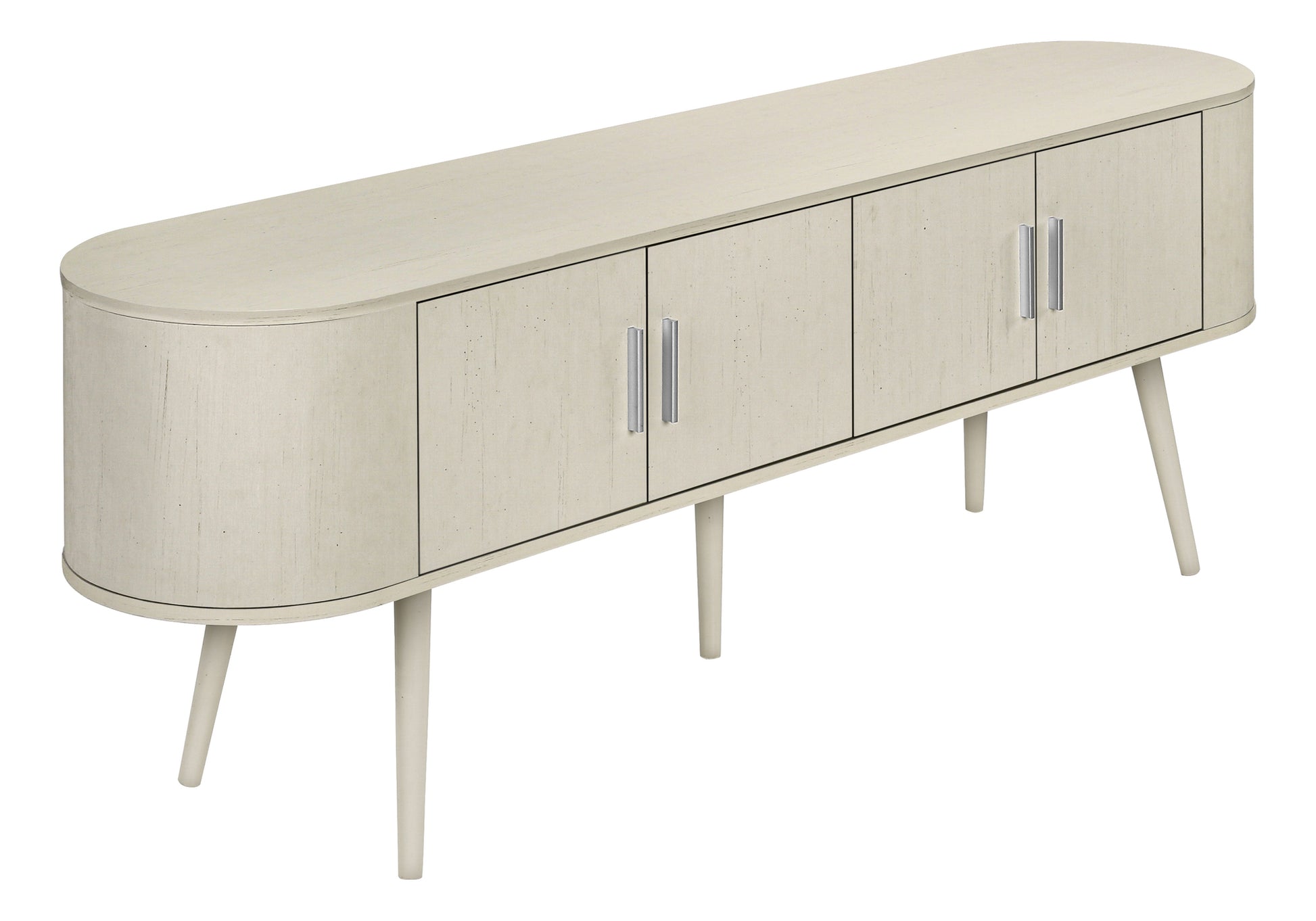 72-inch antique white TV stand with 4 doors and mid-century modern design.