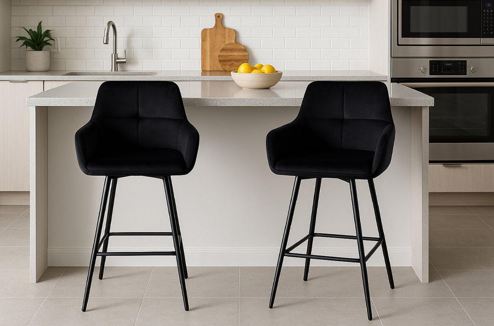 Set of 2 black velvet low back bar stools with black metal legs