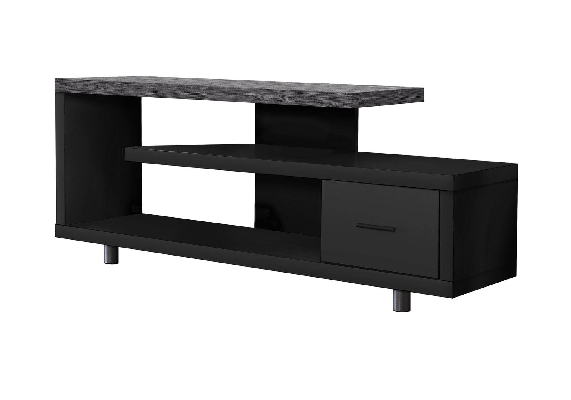 Black and grey TV stand with drawer and shelves