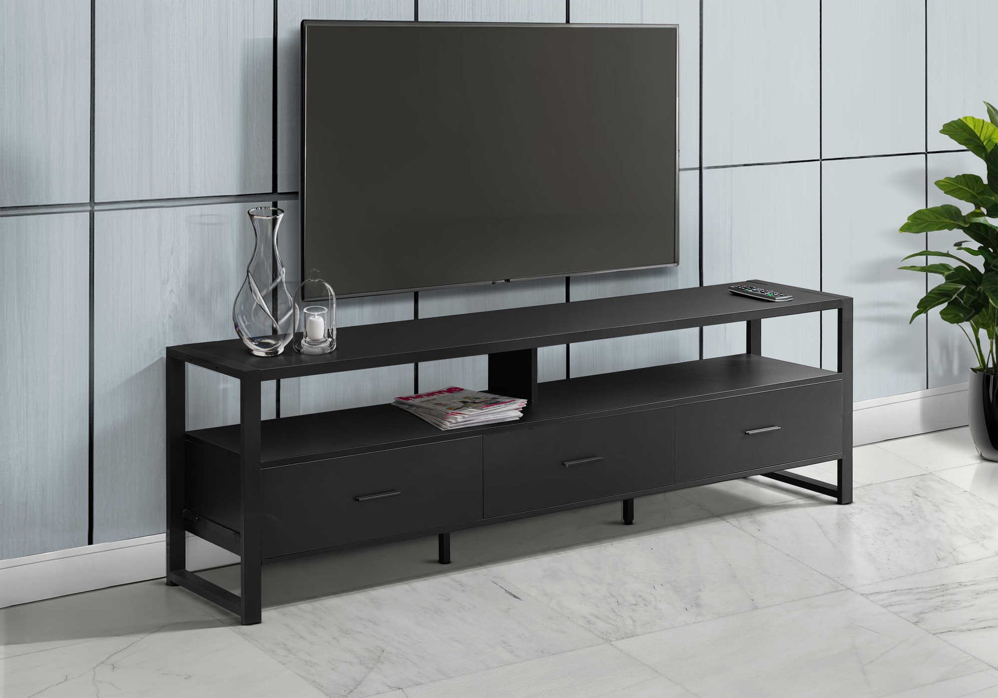 Meuble TV 72 pouces avec tiroirs et pieds en métal — Noir