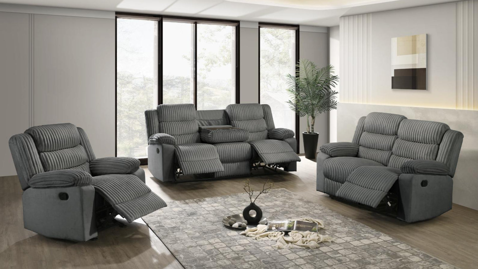 Velvet Corduroy Manual Reclining Living Room Set – Grey (3-Piece)