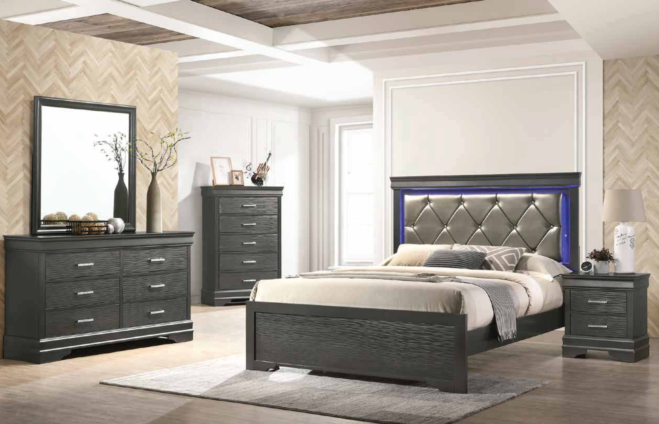 Ensemble de chambre à coucher de luxe Queen – Gris métallisé