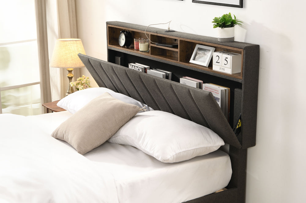 Queen Platform Bed with Storage, Shelves & USB Port – Grey Linen Upholstery