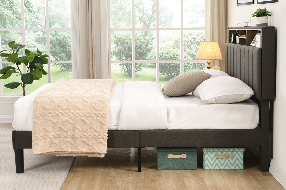 Queen Platform Bed with Storage, Shelves & USB Port – Grey Linen Upholstery