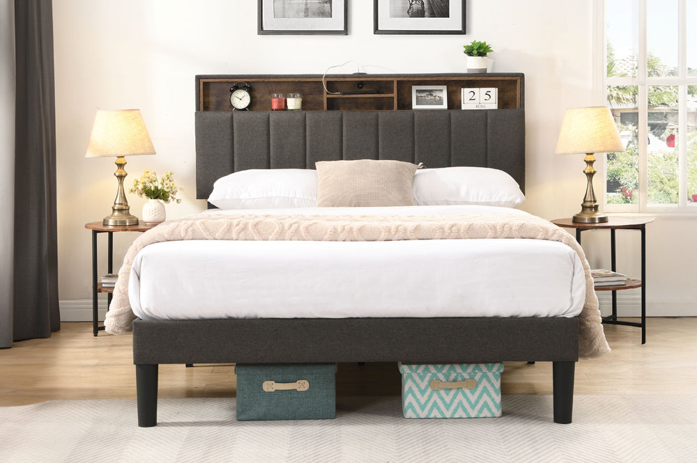 Queen Platform Bed with Storage, Shelves & USB Port – Grey Linen Upholstery