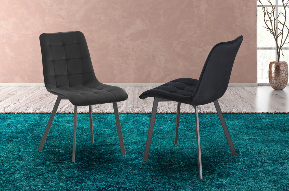 Set of 2 black velvet waffle tufted dining chairs with unique legs