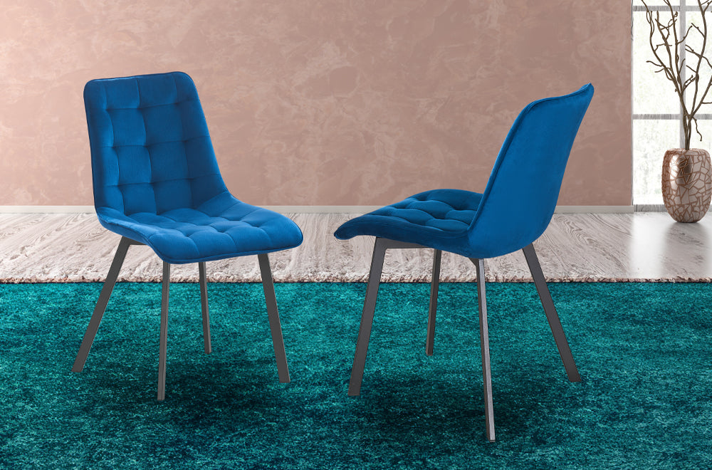 Set of 2 blue velvet waffle tufted dining chairs with unique legs