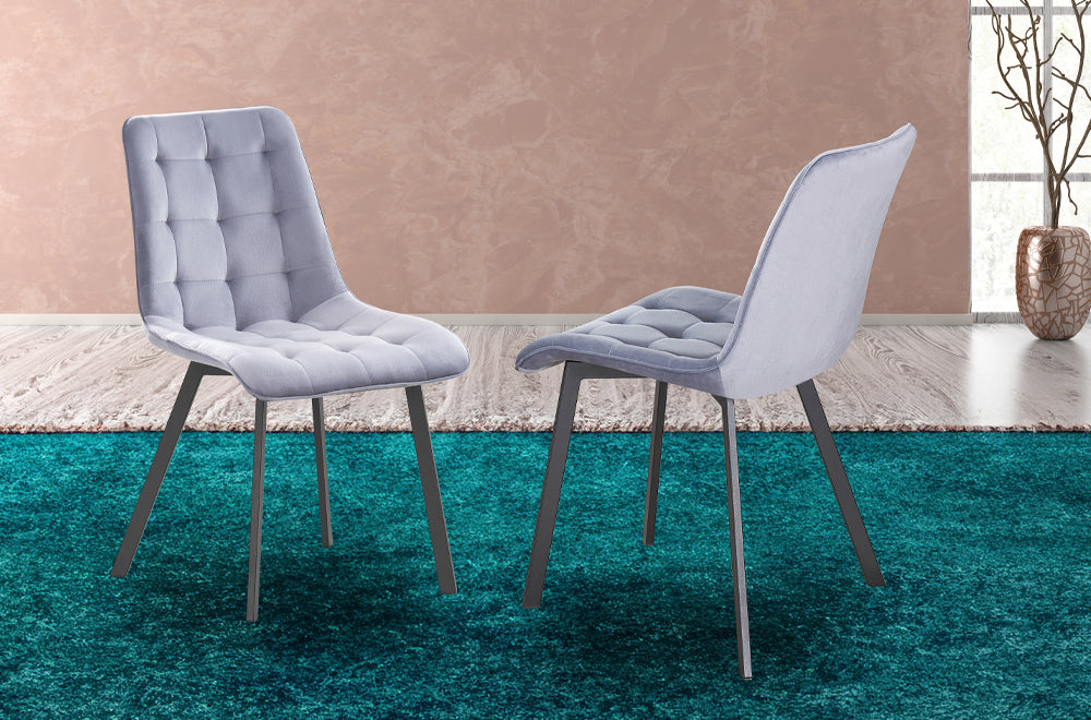 Set of 2 grey velvet waffle tufted dining chairs with unique legs