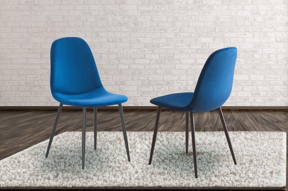Set of 2 blue velvet dining chairs with round cushioned seats