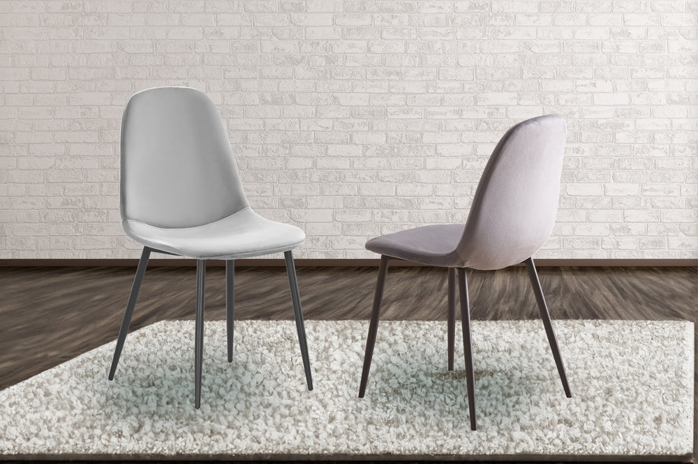 Set of 2 grey velvet dining chairs with round cushioned seats
