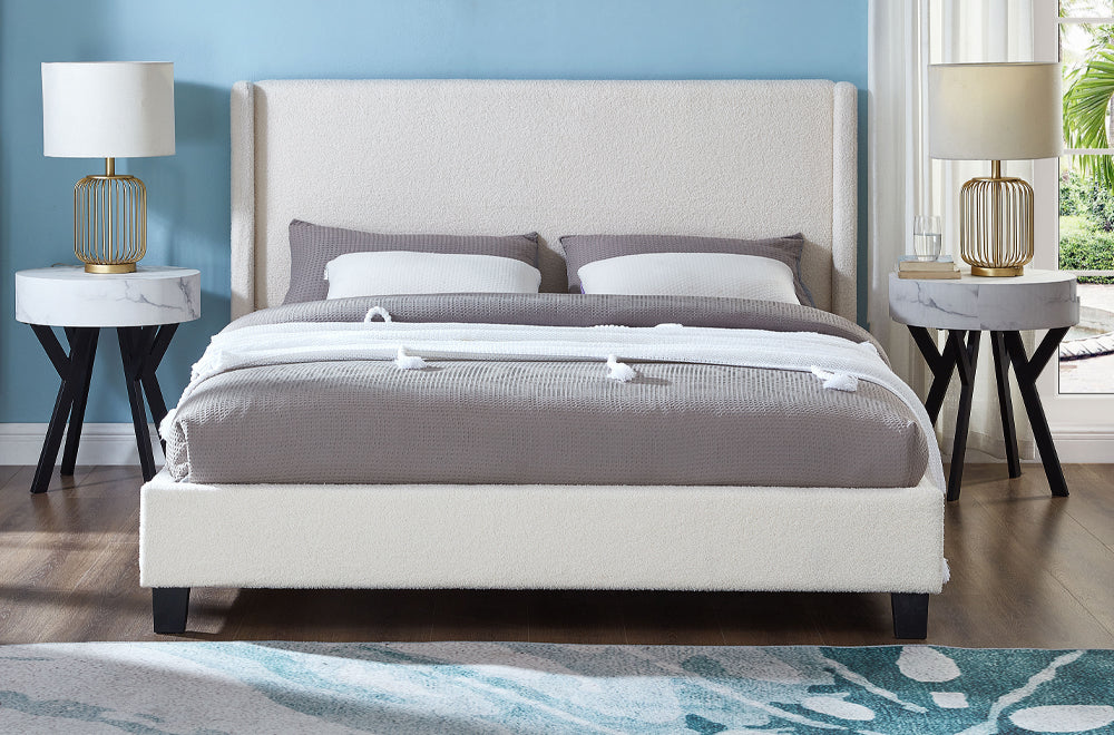 Boucle Fabric Queen Bed - White