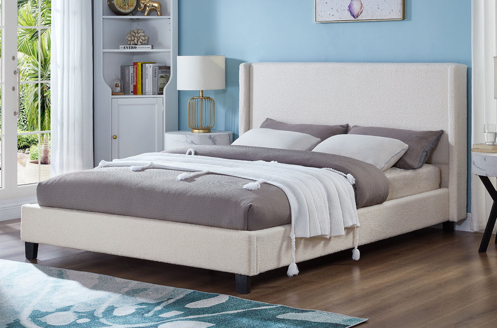 Boucle Fabric Queen Bed - White