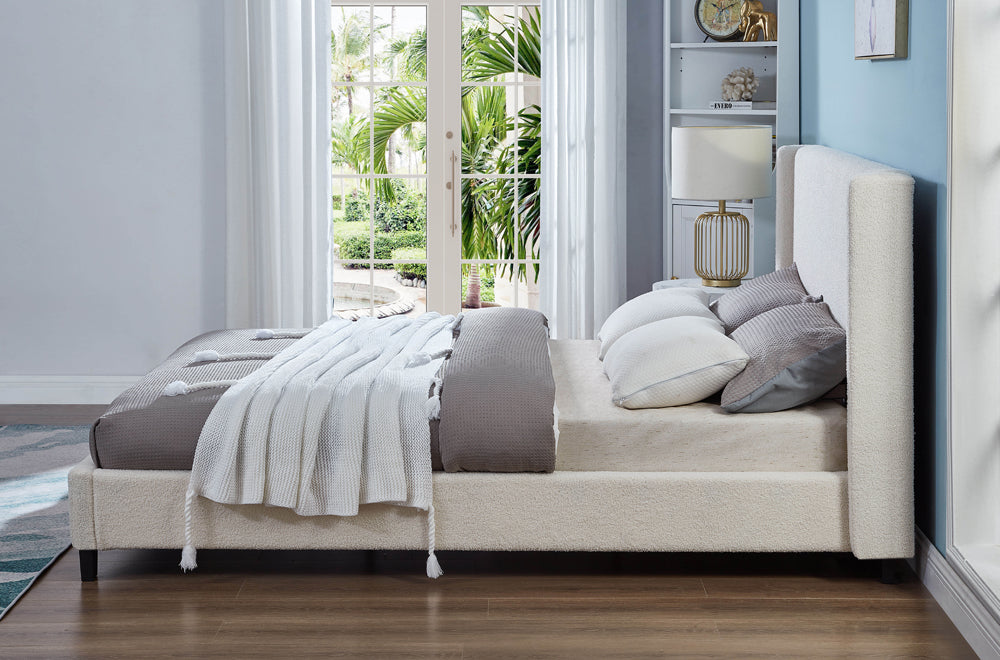 Boucle Fabric Queen Bed - White