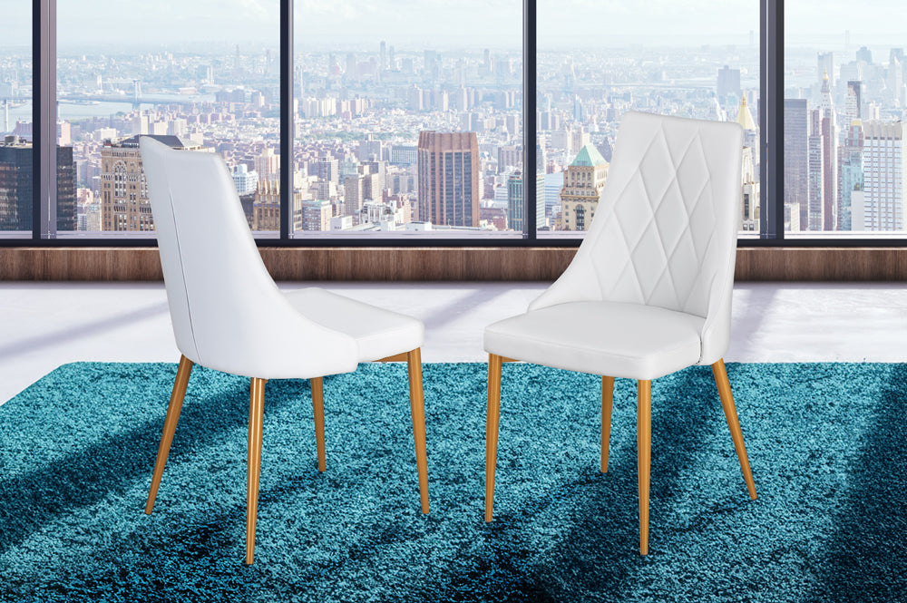 Set of 2 white leatherette dining chairs with gold legs and cushioned back