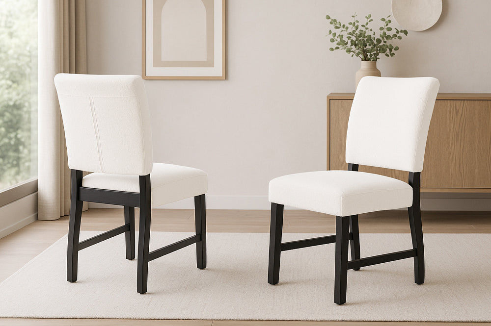 Set of 2 white boucle dining chairs with black wood legs