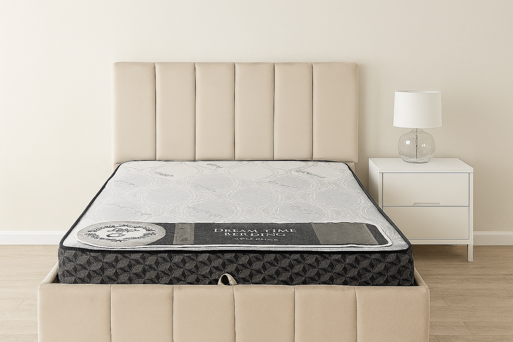 King et queen beige velvet storage bed with tall headboard and lift-up base