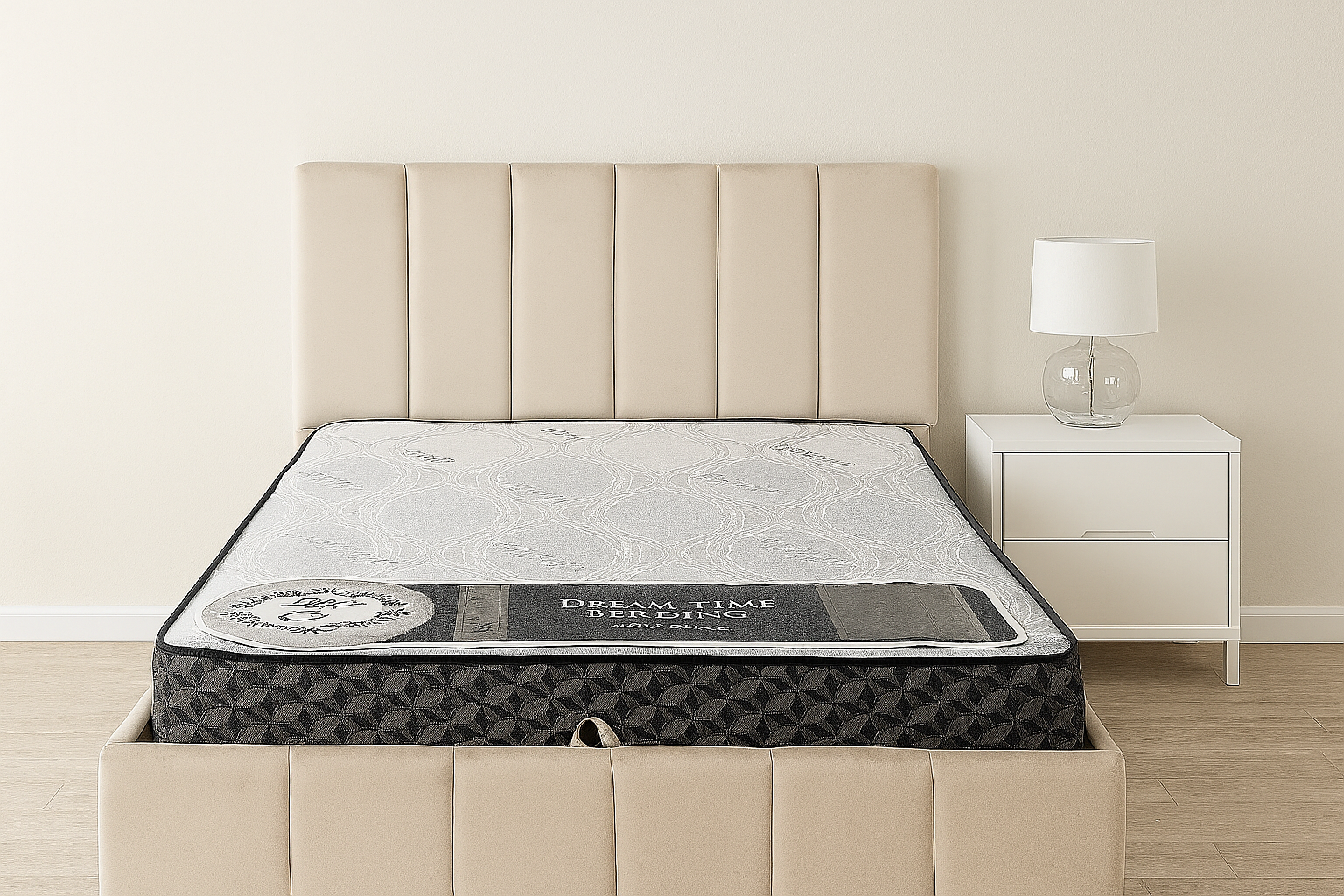 King et queen beige velvet storage bed with tall headboard and lift-up base