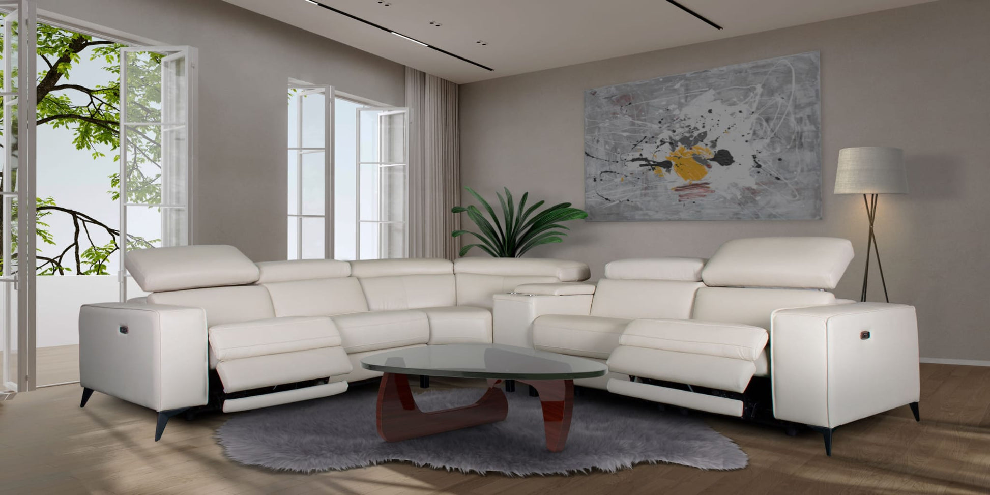 Beige Power Reclining Sectional Sofa with Adjustable Headrests