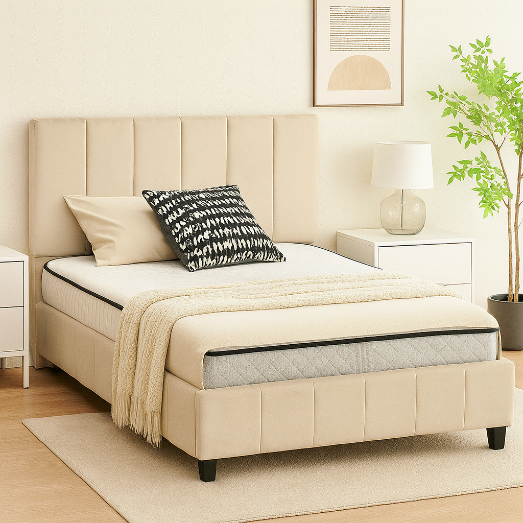 King et queen beige velvet storage bed with tall headboard and lift-up base
