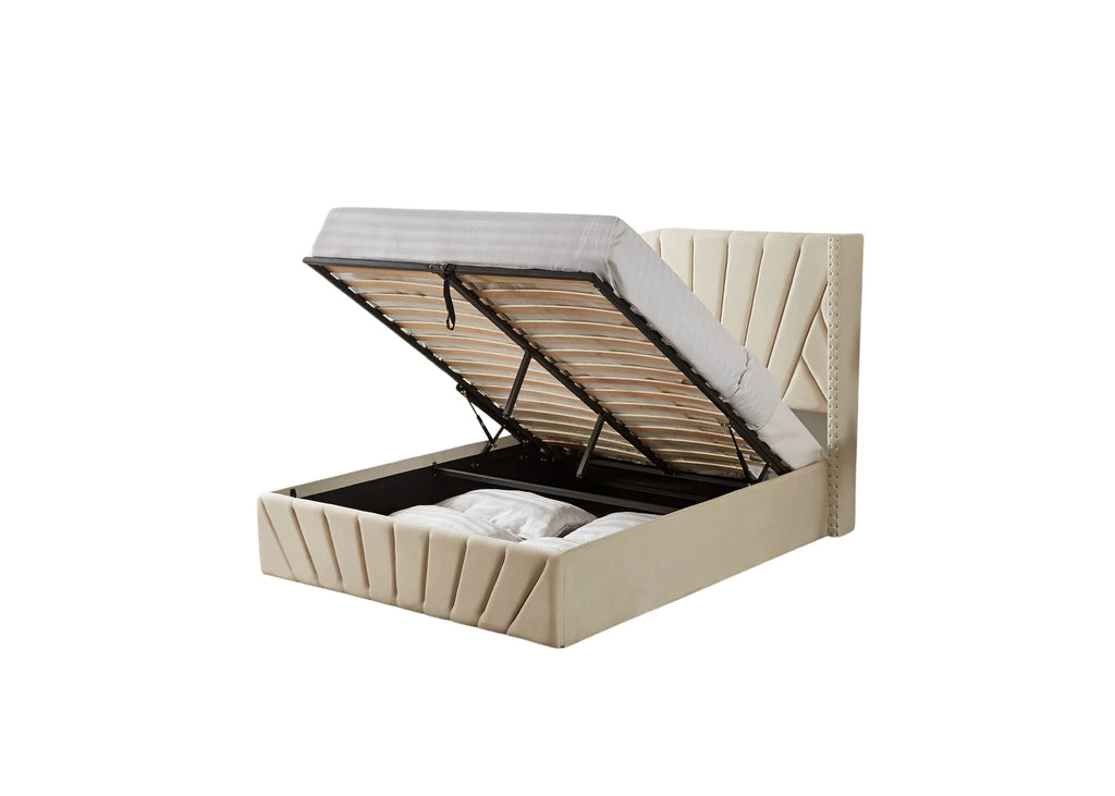 Lit king size Luna Deluxe en velours avec rangement – Beige