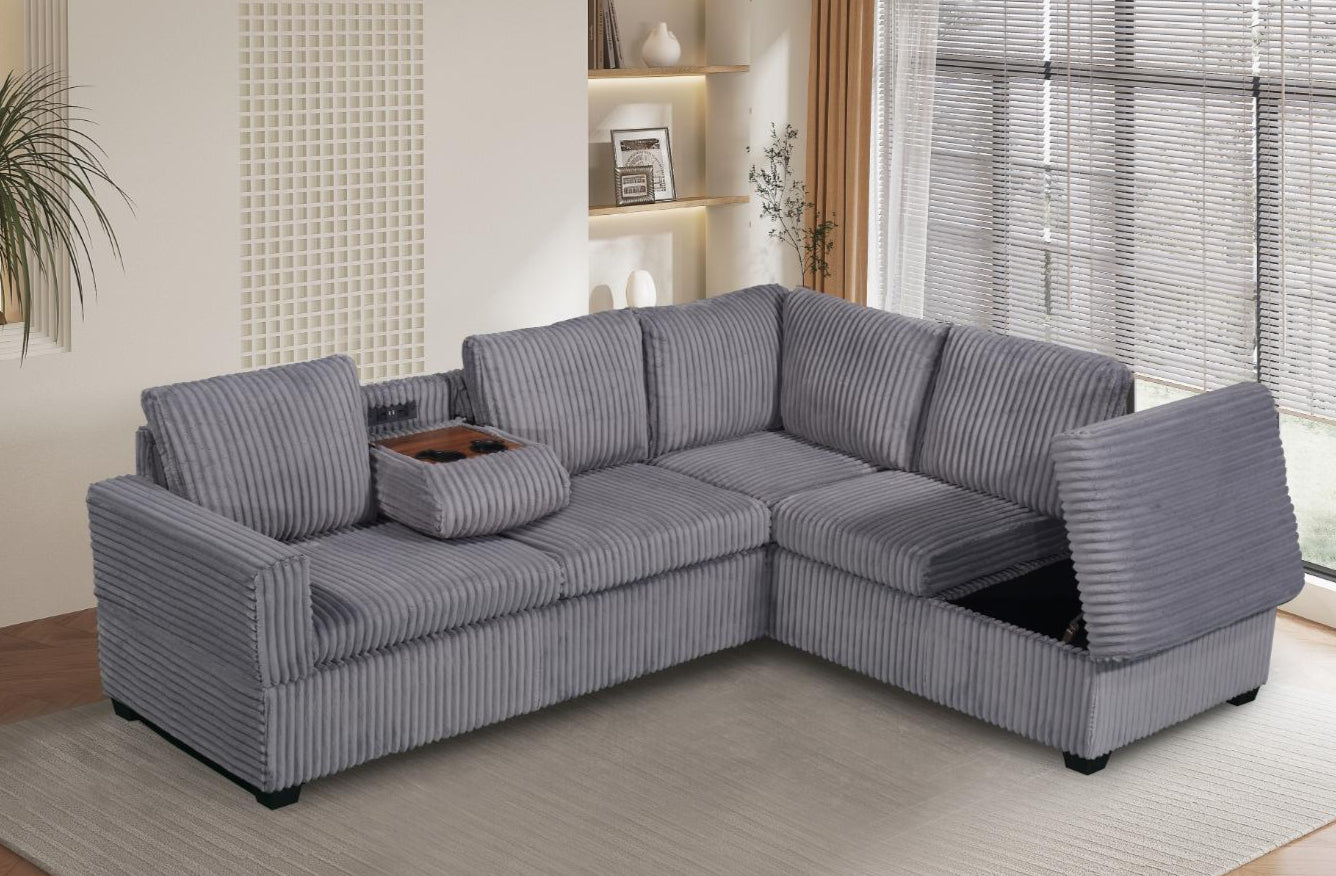Grey Velvet Sectional with Chaise Lounge, USB Console & Storage
