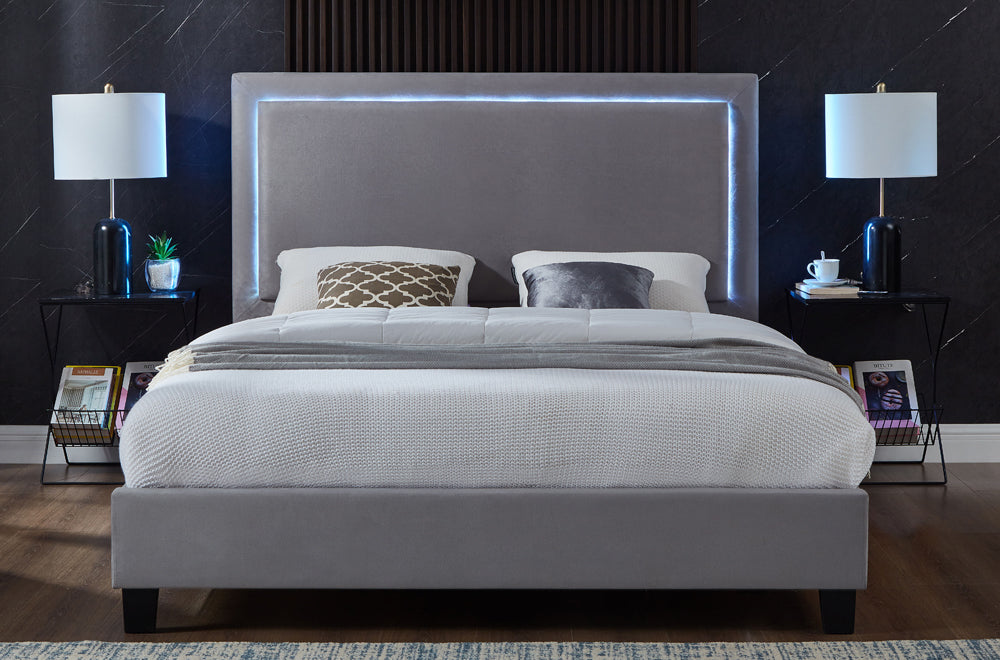 Capella Tufted King Bed with LED Headboard – Grey Velvet Platform